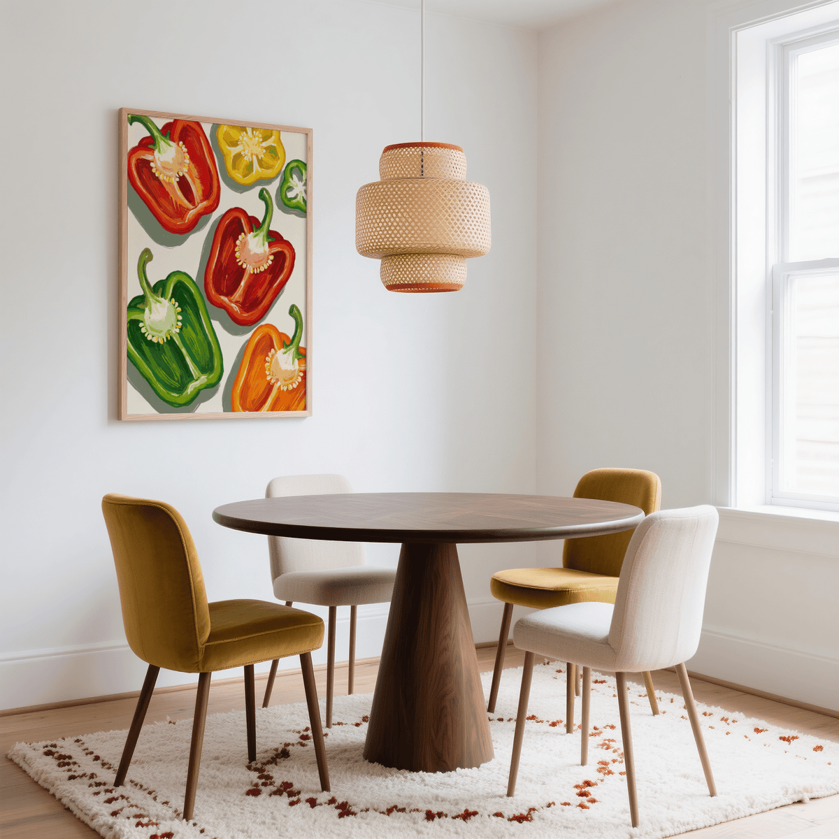 Fresh vegetable art for the kitchen: Colorful Bell Pepper Print with green, red, yellow