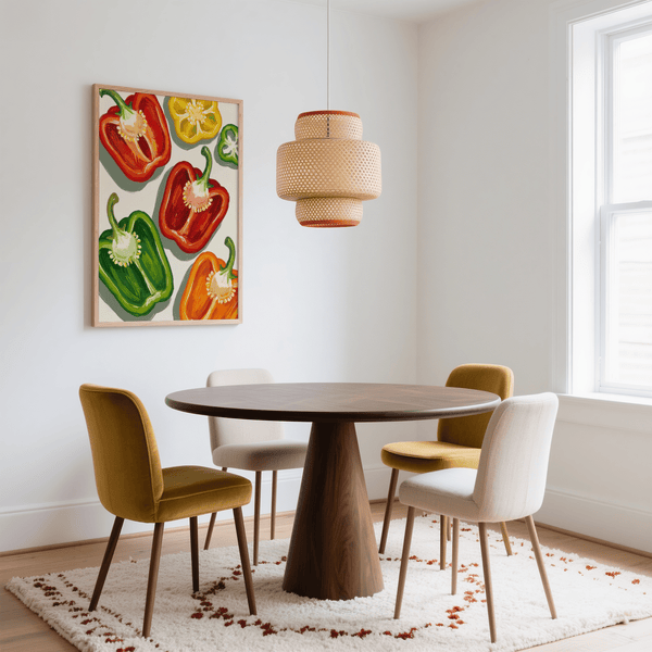 Fresh vegetable art for the kitchen: Colorful Bell Pepper Print with green, red, yellow