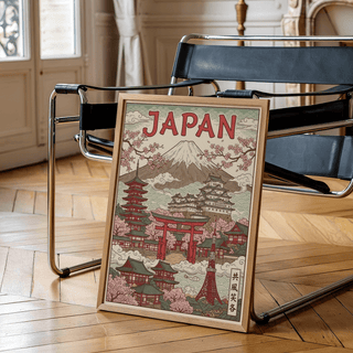 Colorful Japan Art Print in Green and Red for bedroom poster decor