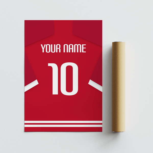 Close-up Denmark Football  Shirt Poster featuring white lettering and large number on shirt design