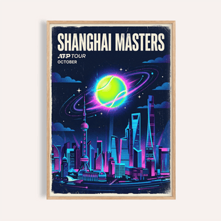 Bold Shanghai Masters Tennis Print poster with neon tennis ball orbiting over Shanghai skyline