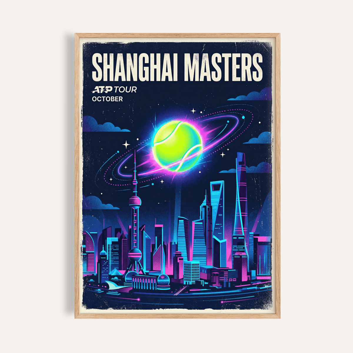 Bold Shanghai Masters Tennis Print poster with neon tennis ball orbiting over Shanghai skyline