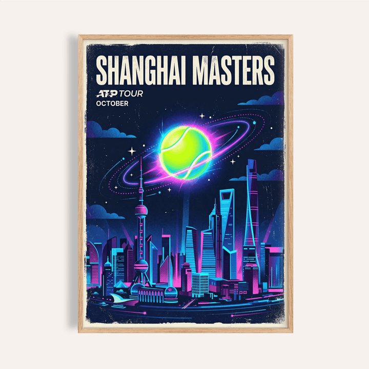 Bold Shanghai Masters Tennis Print poster with neon tennis ball orbiting over Shanghai skyline
