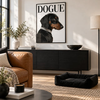 Dachshund Art Print, framed on the wall of a chic modern living room with a white wall and a pale oak floor