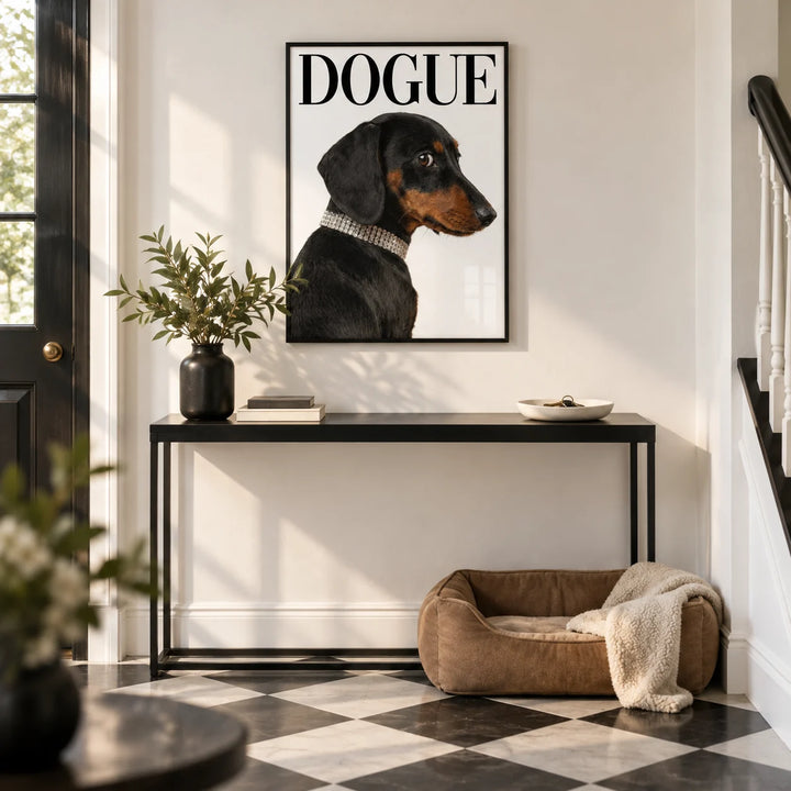 Dachshund Art Print, framed on the wall of a chic monochrome entrance hall with a white wall and a black and white plain floor