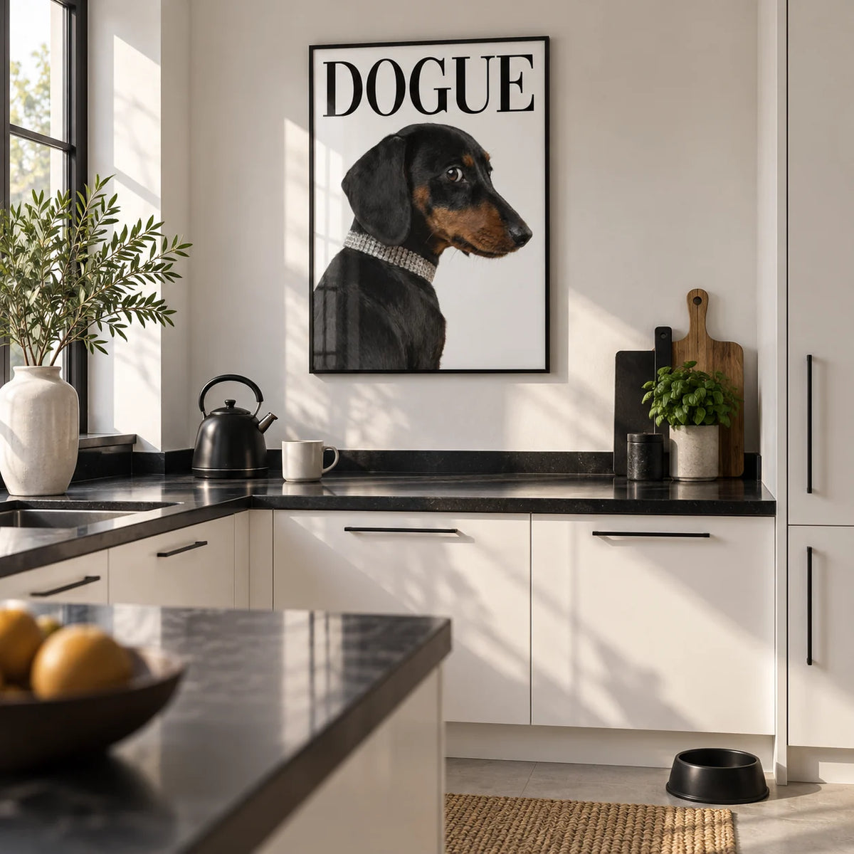 Dachshund Art Print, framed on the wall of a modern white kitchen with a black worktop