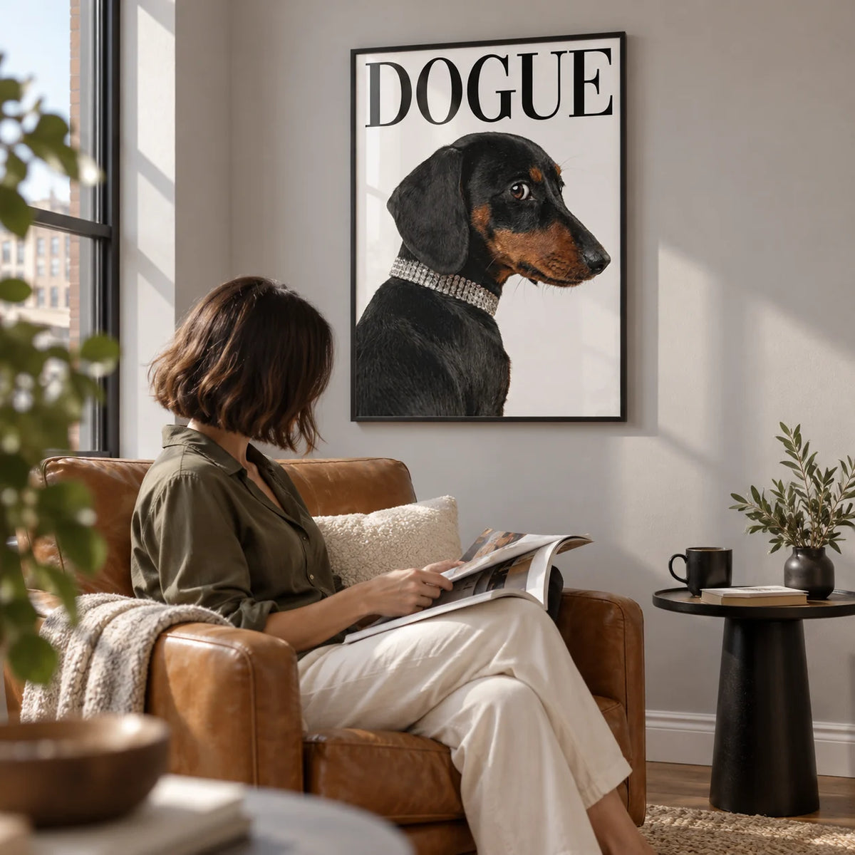 Dachshund Art Print, framed on the wall of a reading corner in a city flat with a pale grey wall in a living room