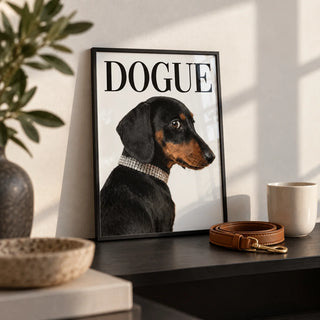 Dachshund Art Print, a small A4 framed print leaning on a black shelf in a living room