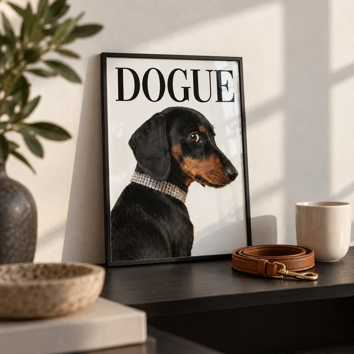 Dachshund Art Print, a small A4 framed print leaning on a black shelf in a living room