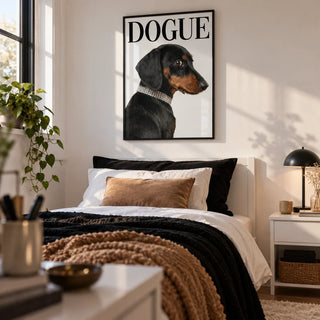 Dachshund Art Print, framed on the wall of a stylish teen girl's bedroom (13-17) with a soft white wall