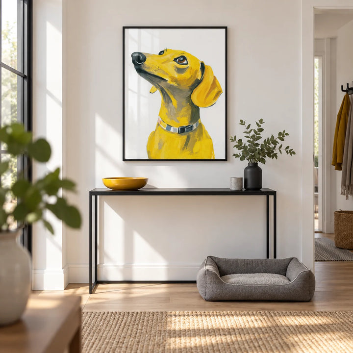 Dachshund Dog Print, framed on the wall of a bright modern hallway with a white wall and a light oak floor