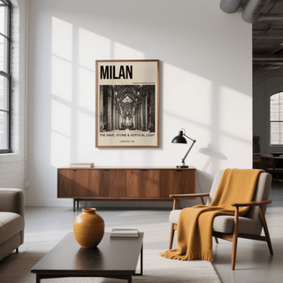 Black and white architectural interior poster featuring vaulted ceiling ribs