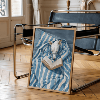 Dog Reading Print art print with Blue and White for bedroom decor