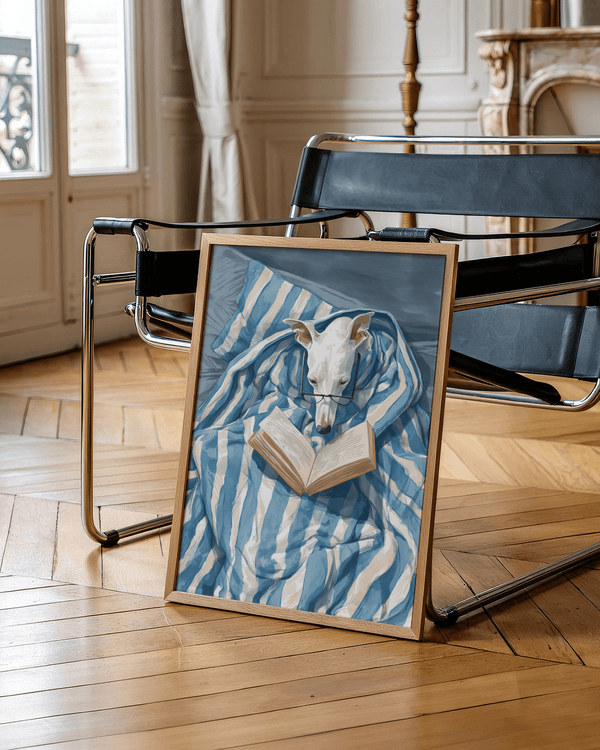 Dog Reading Print art print with Blue and White for bedroom decor