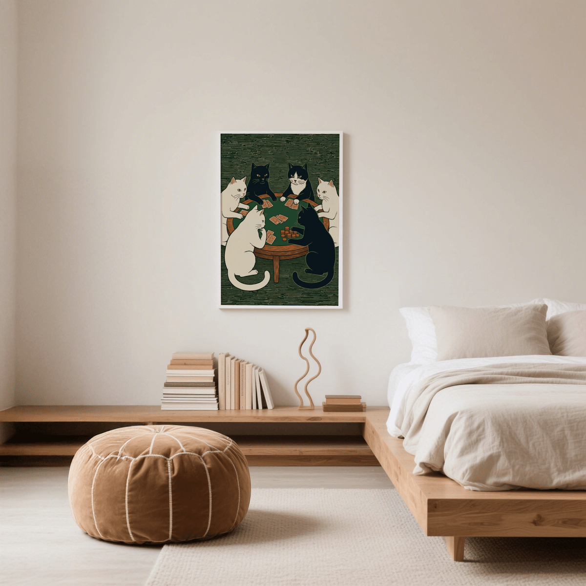 Cat Poker Art Print in Green and Brown, perfect for office decor poster