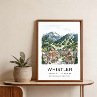 Landscape poster print of mountain resort village with chalet buildings, trees, and winding paths