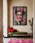 Close-up Frida Kahlo portraits for sale in painterly textures and green-pink tones.