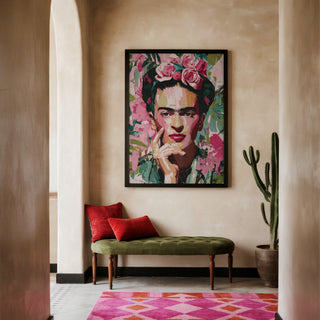 Close-up Frida Kahlo portraits for sale in painterly textures and green-pink tones.
