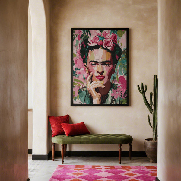 Close-up Frida Kahlo portraits for sale in painterly textures and green-pink tones.