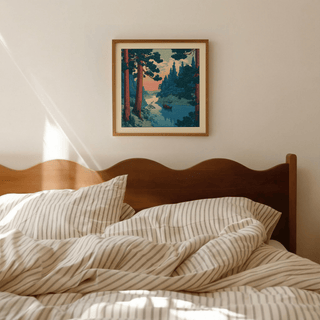 Wide river bend poster print with small boat and distant hills