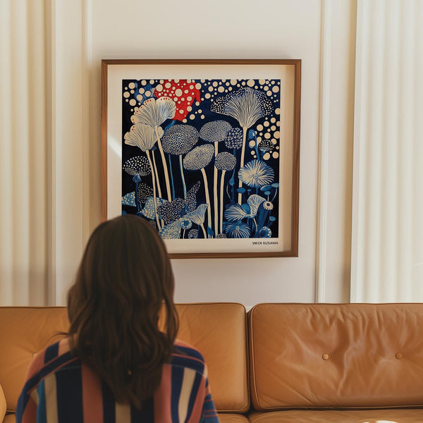 Japanese-style mushroom print in Red and Blue Art aesthetic
