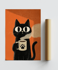 Cat Coffee Mug Print with coffee theme and cat, Orange and Black, office print