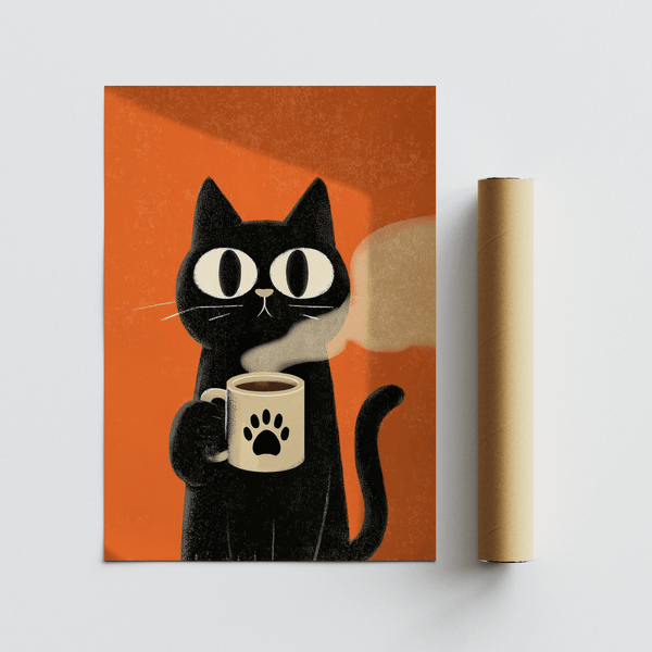 Cat Coffee Mug Print with coffee theme and cat, Orange and Black, office print