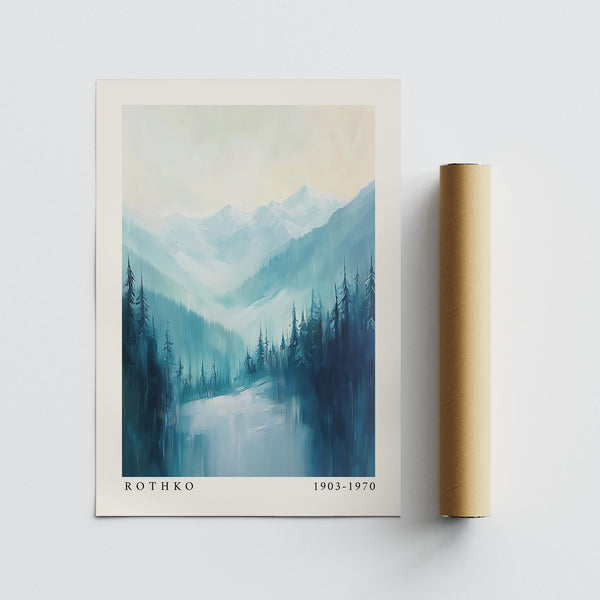 Moody alpine forest captured in soft, abstract nature prints.