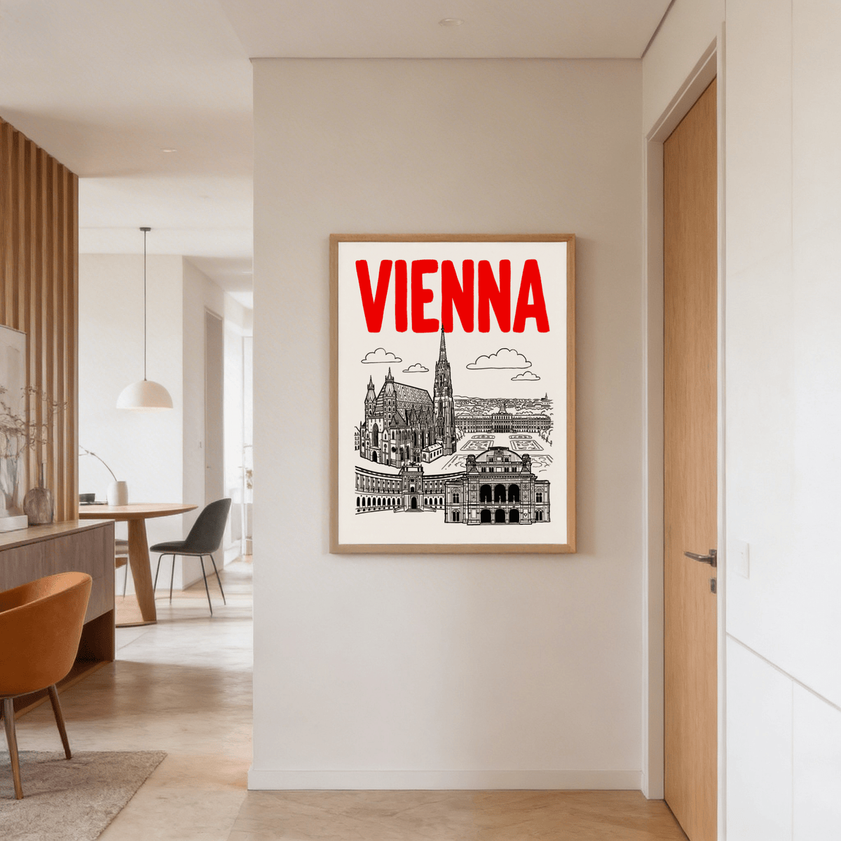 Minimal illustration Vienna city poster print showing cathedral and historic buildings