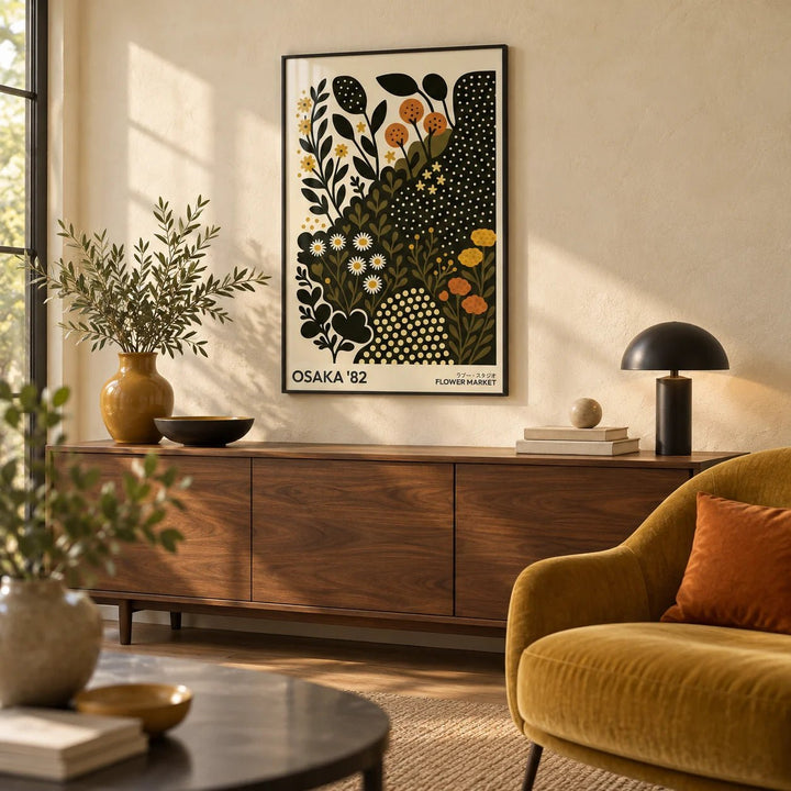 Daisy Art Print, framed on the wall of a modern living room with a warm cream limewashed wall
