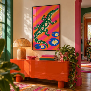 Daisy Crocodile Print, framed on the wall of a colourful hallway