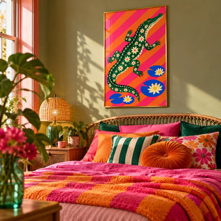 Daisy Crocodile Print, framed on the wall of a dopamine bedroom