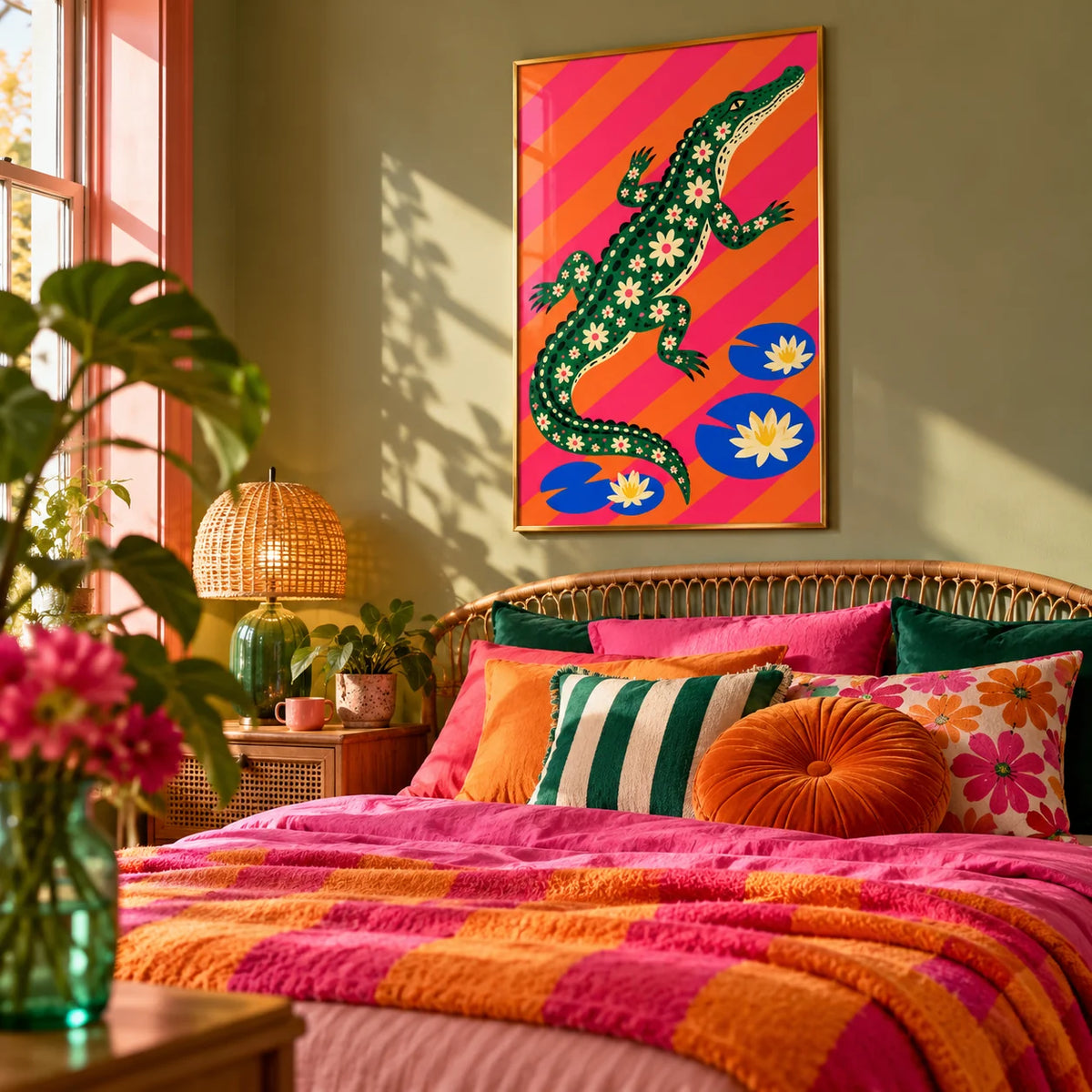 Daisy Crocodile Print, framed on the wall of a dopamine bedroom