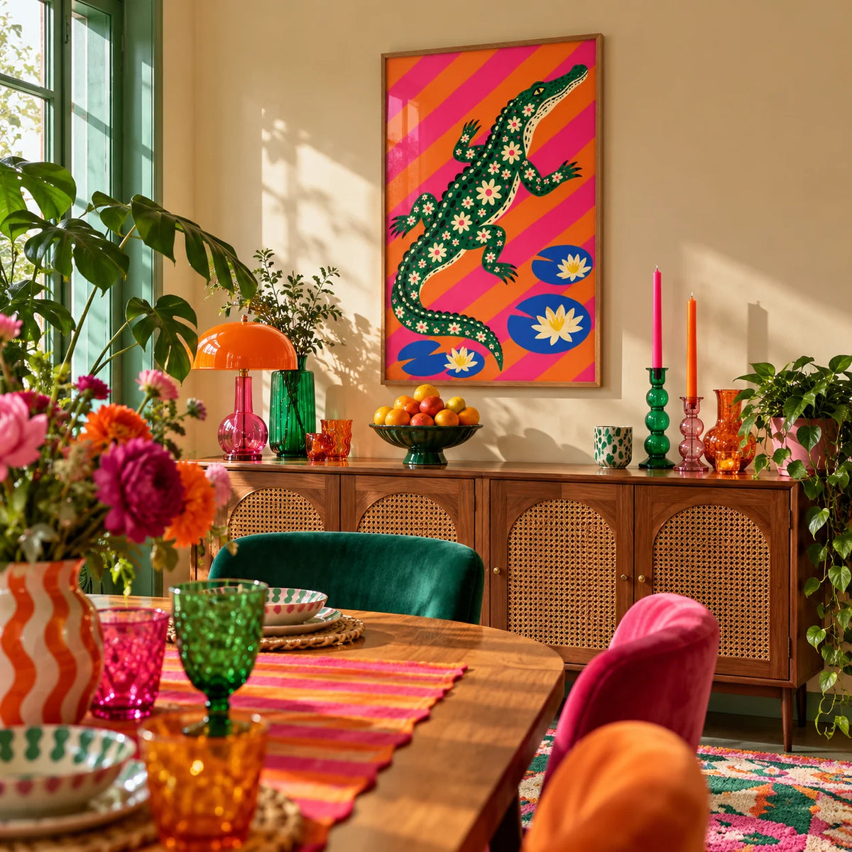Daisy Crocodile Print, framed on the wall of a maximalist dining room