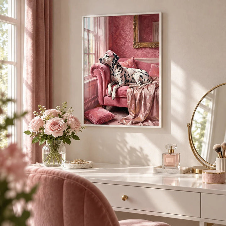 Dalmatian Art Print, framed on the wall of a bright dressing room