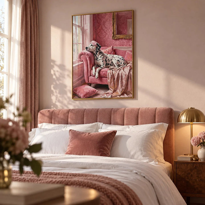 Dalmatian Art Print, framed on the wall of a romantic bedroom