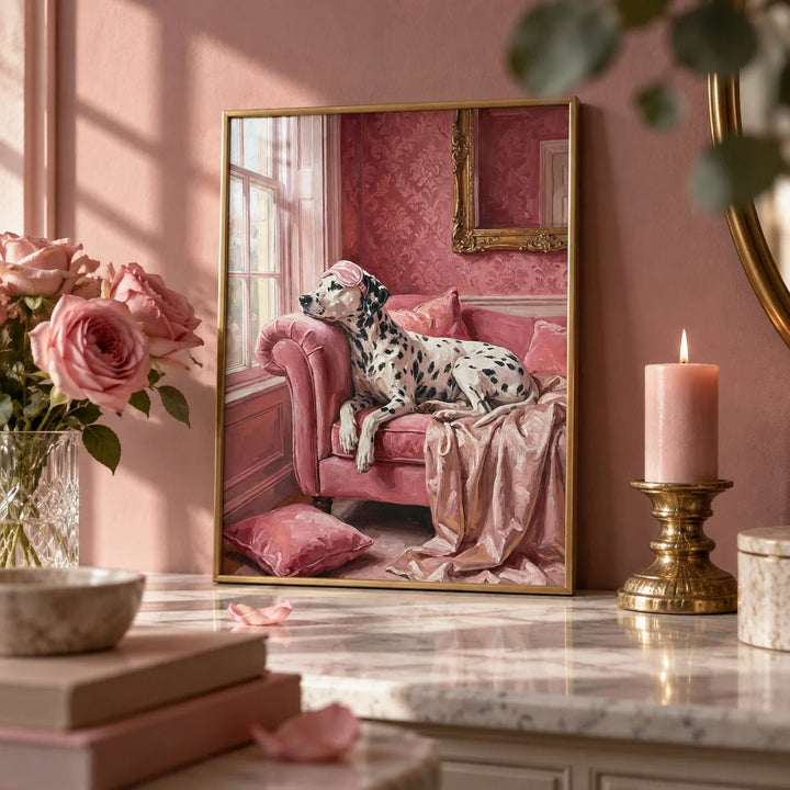 Dalmatian Art Print, a small A4 framed print leaning on a white marble shelf in a living room