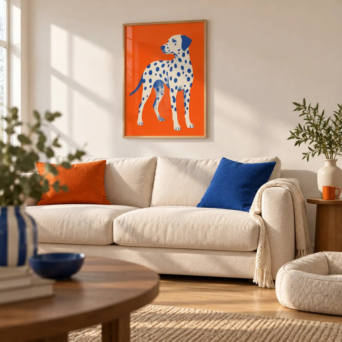 Dalmatian Wall Art, framed on the wall of a bright modern living room