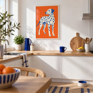 Dalmatian Wall Art, framed on the wall of a modern white kitchen