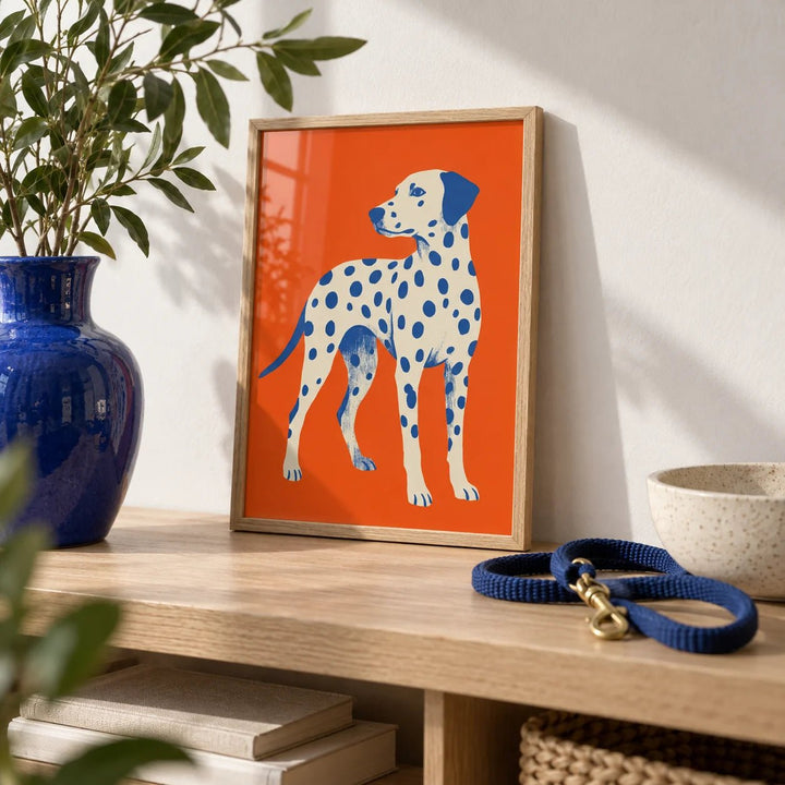Dalmatian Wall Art, a small A4 framed print leaning on a pale oak shelf in a living room