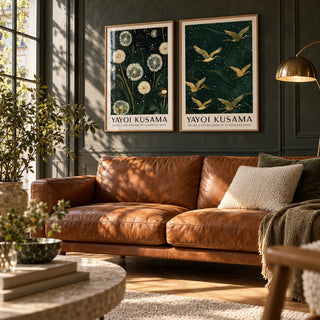 Dandelion and Crane Prints Set of 2 styled above a cognac leather sofa on a charcoal limewash wall: Dandelion Serenity and Golden Cranes II shown framed side by side (frames not included)
