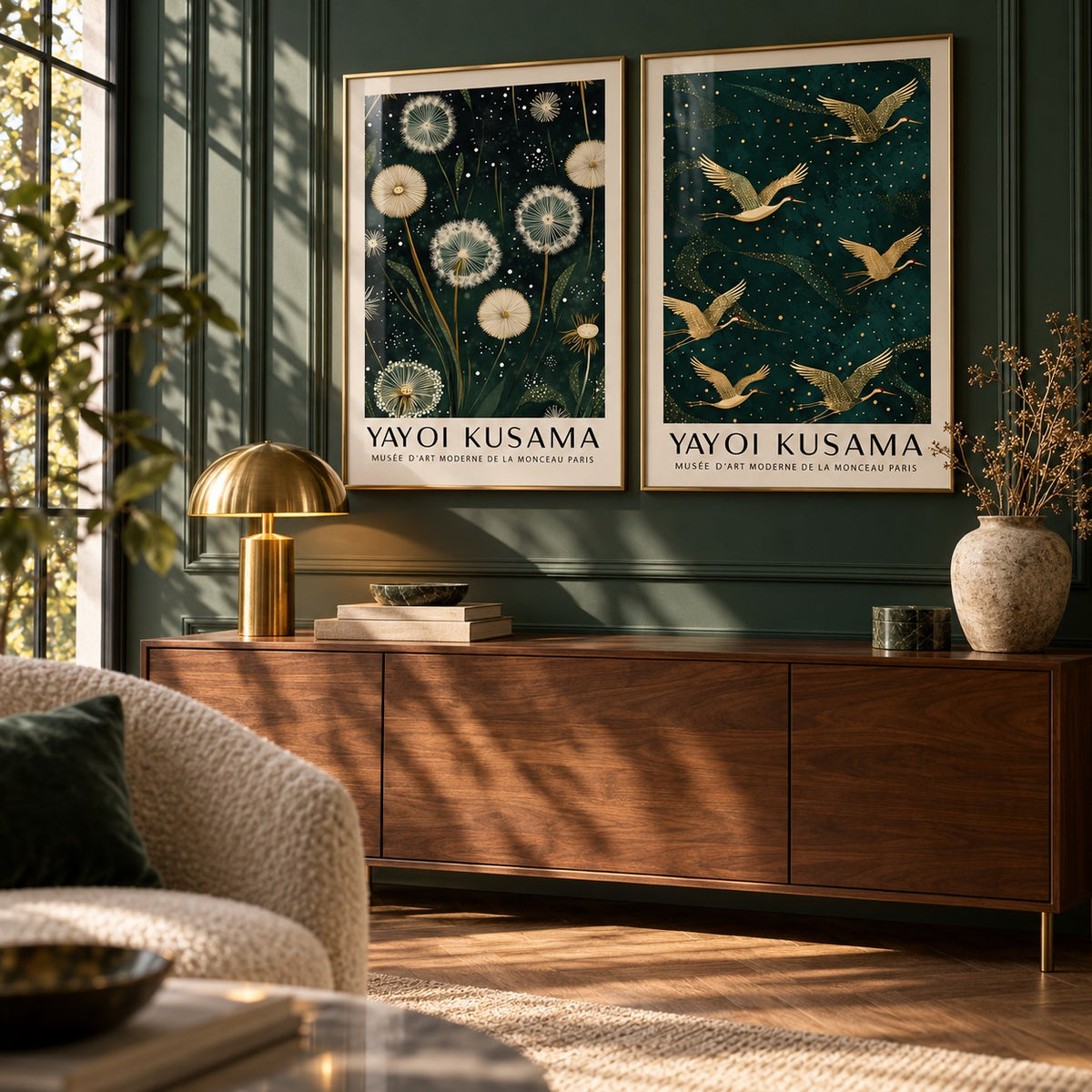 Dandelion and Crane Prints Set of 2 styled above a walnut sideboard against a deep green panelled wall: Dandelion Serenity and Golden Cranes II shown framed side by side (frames not included)