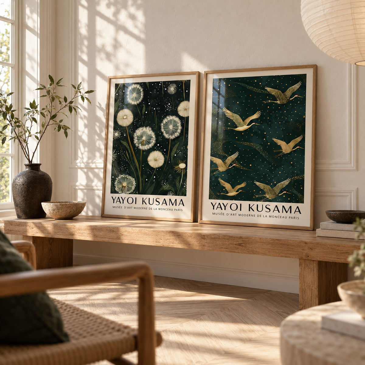 Dandelion and Crane Prints Set of 2 styled on an oak bench against a limewash wall in a Japandi room: Dandelion Serenity and Golden Cranes II shown framed side by side (frames not included)