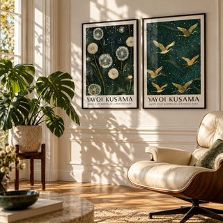 Dandelion and Crane Prints Set of 2 styled on a sunlit wall beside a cream leather lounge chair and a monstera: Dandelion Serenity and Golden Cranes II shown framed side by side (frames not included)