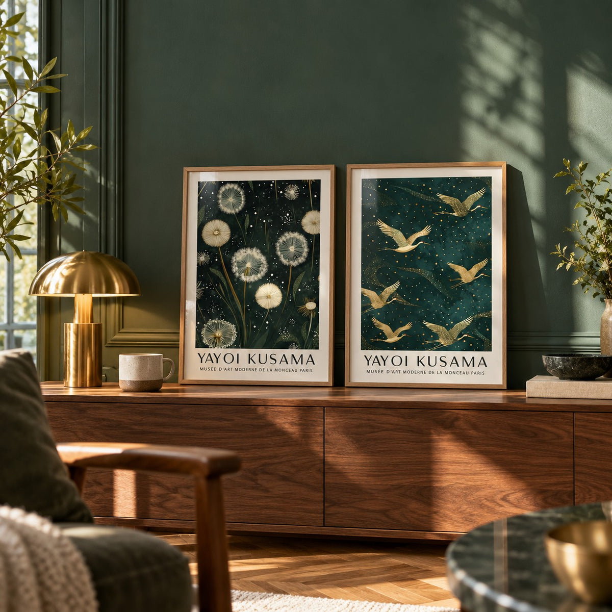 Dandelion and Crane Prints Set of 2 styled as small A4 prints on a shelf, to show the gift size: Dandelion Serenity and Golden Cranes II shown framed side by side (frames not included)