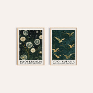 Dandelion and Crane Prints Set of 2: Dandelion Serenity and Golden Cranes II side by side, two separate unframed prints