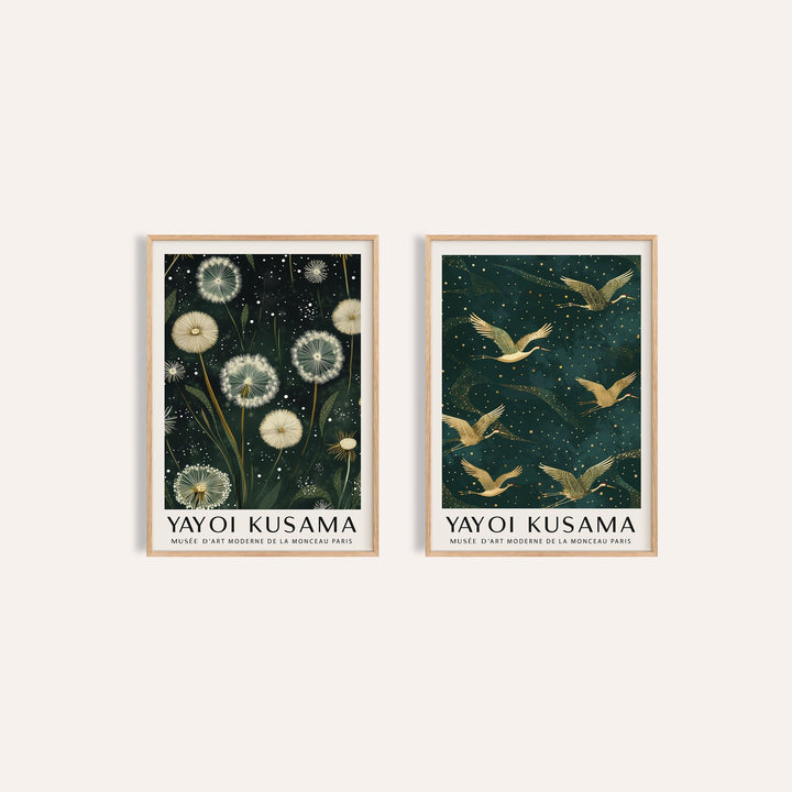 Dandelion and Crane Prints Set of 2: Dandelion Serenity and Golden Cranes II side by side, two separate unframed prints
