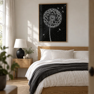 Dandelion Poster, framed on the wall of a calm modern bedroom in a UK home with a soft white wall and pale oak floor