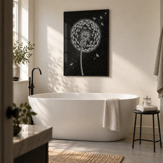 Dandelion Poster, framed on the wall of a contemporary bathroom in a renovated UK terrace with a warm white wall and large plain pale grey floor tiles
