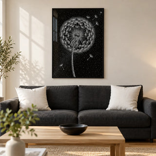 Dandelion Poster, framed on the wall of a modern living room in a UK terraced house with a warm white wall and oak floor